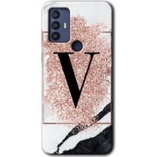 Gramaphone Tcl 30 Se Kılıf Hd Desen Baskılı Arka Kapak + Kırılmaz Cam - Pembe Mermer Desenli V Harfi