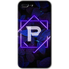 Gramaphone Apple iPhone 7 Plus Kılıf Hd Desen Baskılı Arka Kapak + Kırılmaz Cam - Dark Neon Yaprak P Harfi
