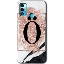 Gramaphone Tecno Spark 7t Kılıf Hd Desen Baskılı Arka Kapak + Kırılmaz Cam - Pembe Mermer Desenli Ö Harfi