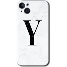 Gramaphone Apple iPhone 14 Plus Kılıf Hd Desen Baskılı Arka Kapak + Kırılmaz Cam - Beyaz Mermer Desenli Y Harfi