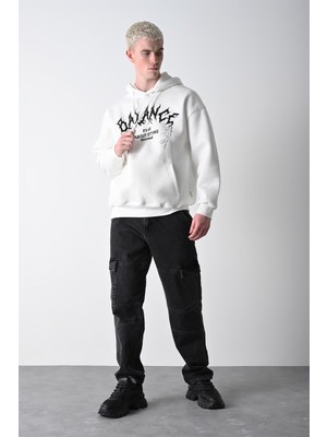 Slatra Erkek Beyaz Balance Baskılı Kapüşonlu Oversize Sweatshirt