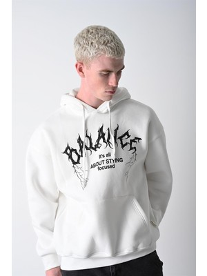 Slatra Erkek Beyaz Balance Baskılı Kapüşonlu Oversize Sweatshirt