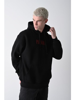 Slatra Erkek Siyah Paranoia Baskılı Kapüşonlu Oversize Sweatshirt