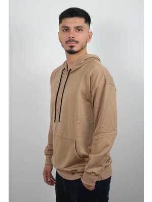 Daniel Milano Erkek Kapüşonlu ve Önden Cepli Düz Polar Sweatshirt Kahverengi