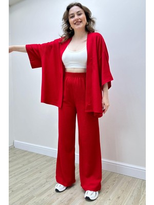 Mazi Butik Kadın Gofre İkili Takım Kırmızı Günlük Stil Boru Paça Model