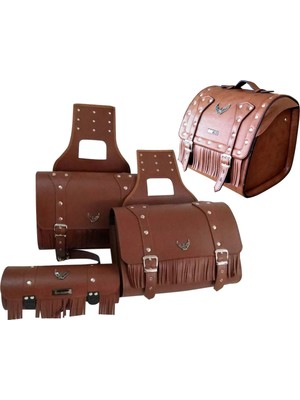 Ebakbak  Motosiklet 4'lü Set Takım Deri Yan Heybe Sosis ve Arka Çanta Chopper Kahverengi Model Motor Çantası