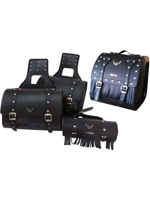 Ebakbak  Motosiklet 4'lü Set Takım Deri Yan Heybe Sosis ve Arka Çanta Chopper Siyah Model Motor Heybe Çantası.