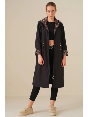 Hazelin Kadın Leopar Desenli Siyah Beli Büzgülü Kapşonlu Uzun Trençkot HZL22W-BD190911