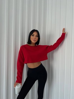 Violon Kırmızı Oversize 2 İplik Şardonlu Crop Sweatshirt