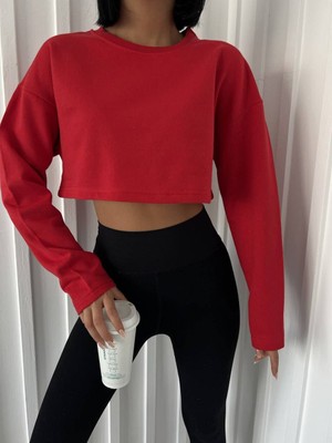 Violon Kırmızı Oversize 2 İplik Şardonlu Crop Sweatshirt