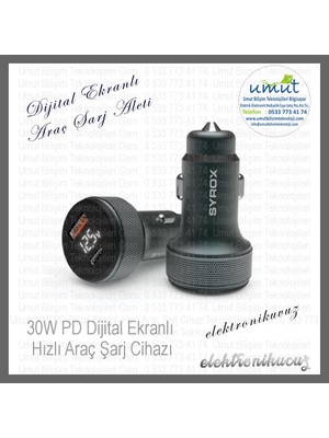Syrox SC30B LCD Ekran 30W Pd Oto Başlık LCD Display Araç Şarjı Pd 30W Dijital Başlıklı Araç Çakmaklık Şarj Aleti