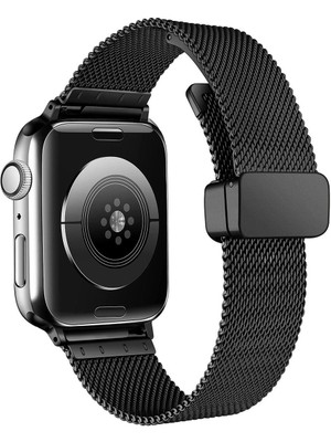 AktarMobile Apple Watch 9 45 mm Uyumlu Hasır Metal Kordon Magnetik D Tokalı Tel Örgü Kayış Mıknatıslı Toka