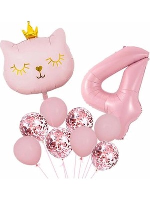 Parti Sürprizi Taçlı Pembe Kedi 4 Yaş Folyo Balon Set