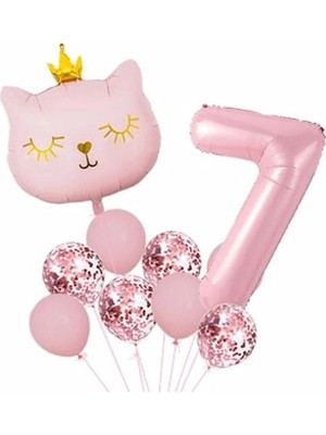 Parti Sürprizi Taçlı Pembe Kedi 7 Yaş Folyo Balon Set