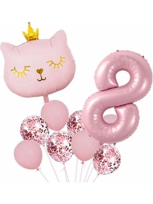 Parti Sürprizi Taçlı Pembe Kedi 8 Yaş Folyo Balon Set