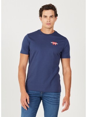 Wrangler Bisiklet Yaka Indigo Erkek T-Shirt W232285315 Bisiklet Yaka T-Shirt