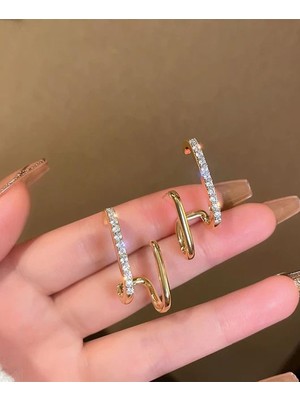 Bahels Kadın Gold Zirkon Taş Vip Küpe Earcuff