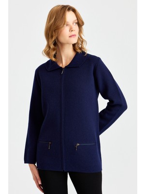 Desen Triko Kadın Polo Yaka Cebi Fermuarlı Yün Hırka Y.a Lacivert