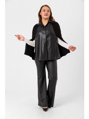 Laranor Siyah Büyük Beden Gömlek Yaka Suni Kalın Deri&kaşkorse Özel Tasarım Pelerin&Panço 42 - Siyah