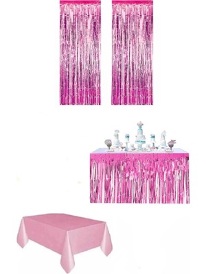 Bkmc Pembe Renk Metalize Perde Metalize Masa Eteği Plastik Masa Örtüsü
