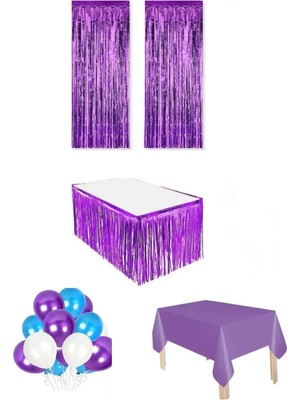 Bkmc Metalize Perde Metalize Masa Eteği Plastik Masa Örtüsü 7 Balon Standı Seti