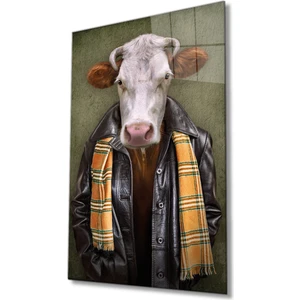 Bay Çağrı Insan Vücutlu Inek Hayvan Portresi Cam Tablo, Ev ve Ofis Duvar Dekoru, Hediyelik Büyük Cam Tablo