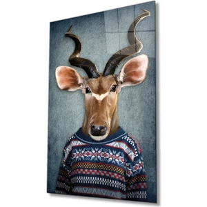 Bay Çağrı Insan Vücutlu Geyik Hayvan Portresi Cam Tablo, Ev ve Ofis Duvar Dekoru, Hediyelik Büyük Cam Tablo