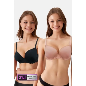 Pierre Cardin 2'li Ekonomik Paket Siyah-Pink Nude  6807 Kansas Dantelli Micro Saten Sütyen Set (D Cup Seçeneğiyle)