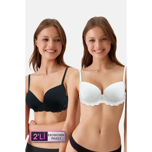 Pierre Cardin 2'li Ekonomik Paket Siyah - Ekru 6807 Kansas Dantelli Micro Saten Sütyen Set (D Cup Seçeneğiyle)
