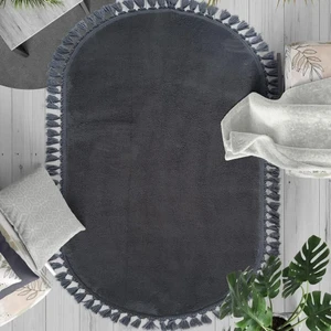 Linos Home Antrasit Fluffy Düğüm Saçaklı Oval Post Peluş Halı Kaymaz Taban Yumuşacık Yolluk