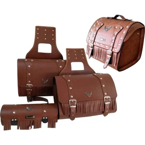 Motosiklet 4'lü Set Takım Deri Yan Heybe Sosis ve Arka Çanta Chopper Kahverengi Model Motor Çantası