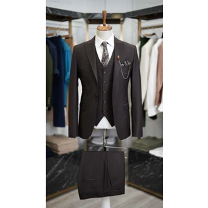 Erkek Slim Fit Italyan Kesim Kırlangıç Yaka Ceket Yelek Pantolon Takım Elbise-Acı Kahve