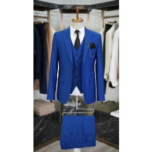Erkek Takım Elbise Italyan Kesim Slim Fit Ceket Yelek Pantolon-Saks Mavisi