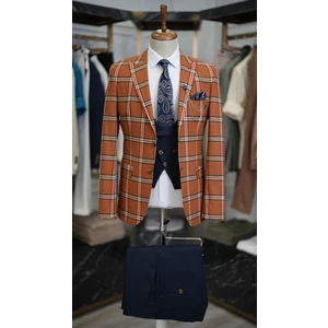 Erkek Takım Elbise Kombinli Italyan Kesim Slim Fit Ceket Yelek Pantolon-Kiremit