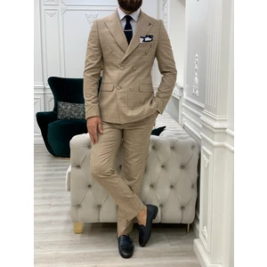 Erkek Kruvaze Takım Elbise Italyan Kesim Slim Fit Ceket Pantolon-Sarı