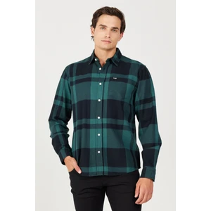 Relaxed Fit Geniş Kesim %100 Pamuk Yeşil Ekoseli Uzun Kollu Gömlek