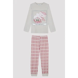 Kız Çocuk Ekoseli Gri Uzun Kollu Pijama Set