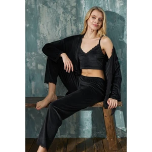 Kadın Crop Fransız Kadife Sabahlıklı Dantel Detaylı Bralet Pijama Takımı 3lü Set