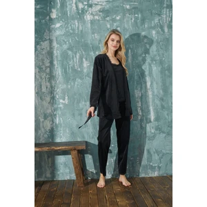 Kadın Fransız Kadife Ip Askılı Sabahlıklı Dantel Detaylı Pijama Takımı 3lü Set