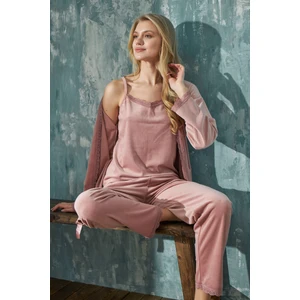 Kadın Fransız Kadife Ip Askılı Sabahlıklı Dantel Detaylı Pijama Takımı 3lü Set