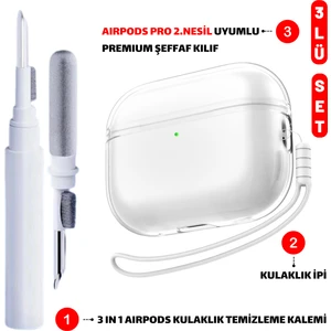 Pro 2.nesil Uyumlu Şeffaf Premium Kulaklık Kılıfı, Kulaklık Ipi ve 3'ü 1 Arada Temizleme Kalemi Seti