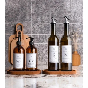 Kitchen Pembelia 6 Parça Ahşap Standlı 2'li Amber 750 ml Cam Yağlık Ahşap Standlı + 2'li Amber Cam 500 ml Sabunluk