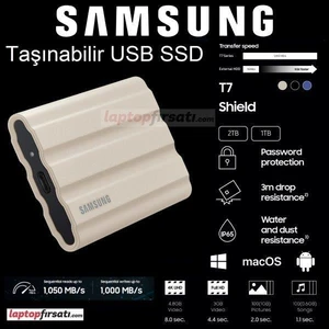 T7 Shield 1tb MU-PE1T0K/WW 1050MB-1000MB/SN USB 3.2 Gen2 Harici SSD Bej 3 Yıl Samsung Turkıye Garantili