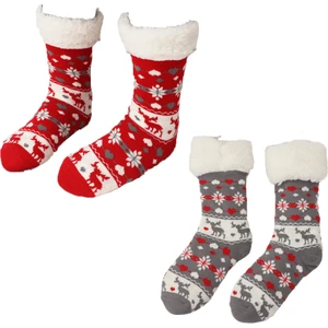 2 Çift Kaymaz Yer Çorabı - Gri Noel Kırmızı Noel Geyiği Çorapları (Yurt Dışından)