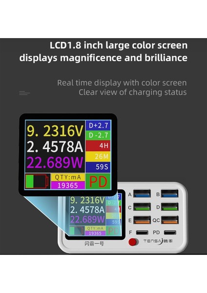 Tensa Shanba No.1 8 Port + Kablosuz Şarj Bağlantı Noktalı Çok Işlevli Hızlı şarj cihazı