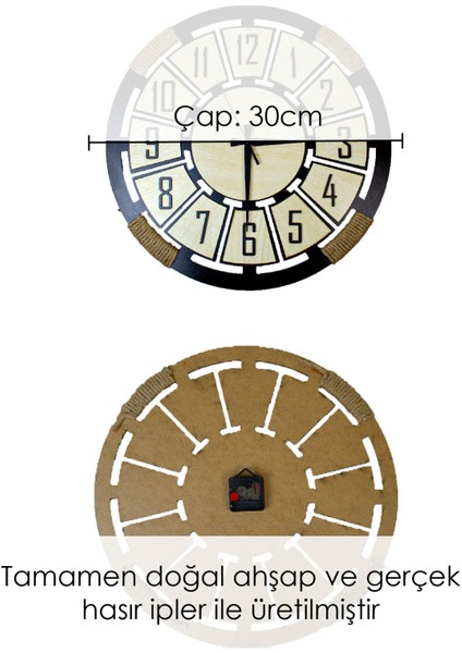 Ahşap Dekoratif Duvar Saati, Halat Detaylı Şık Tasarım, Tercihe Göre Renk Seçenekleri