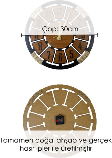 Ahşap Dekoratif Duvar Saati, Halat Detaylı Şık Tasarım, Tercihe Göre Renk Seçenekleri
