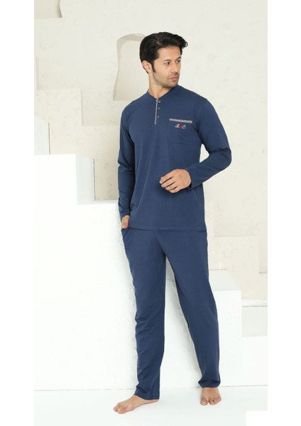 Lacivert Likralı Uzun Kollu Erkek Pijama Takımı