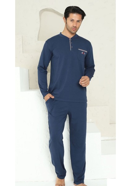 Lacivert Likralı Uzun Kollu Erkek Pijama Takımı modelleri