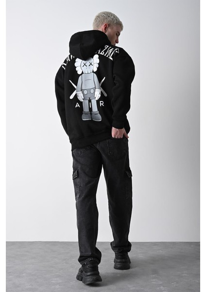 Erkek Siyah Kaws Baskılı Kapüşonlu Oversize Sweatshirt